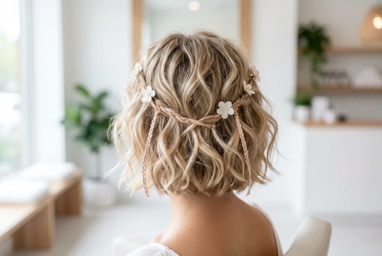 Boho frizura za kratku kosu: opuštena tekstura, valovi i ukrasi