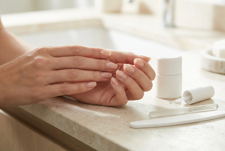 Prirodni hibridni nokti: nude boje, tanak sloj, visoki sjaj