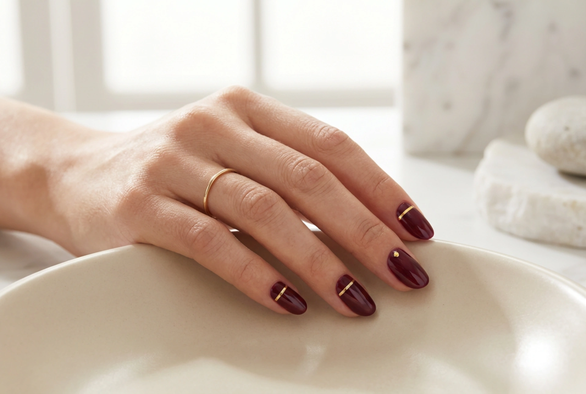 Tamnocrveni nokti sa zlatnim naglaskom: kombinacije i tehnike