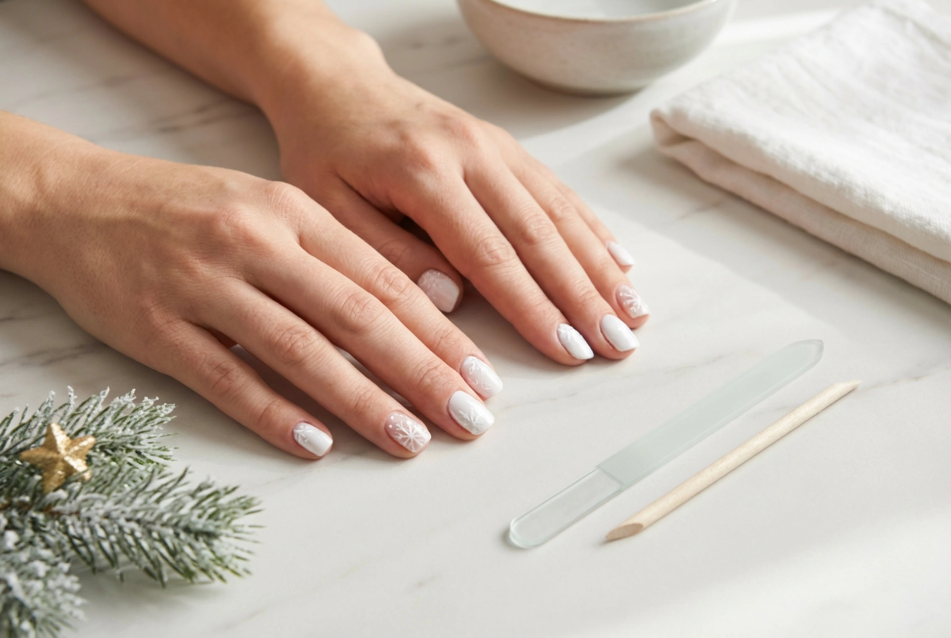 Bijeli božićni nokti: jednostavni motivi, alati i trajnost