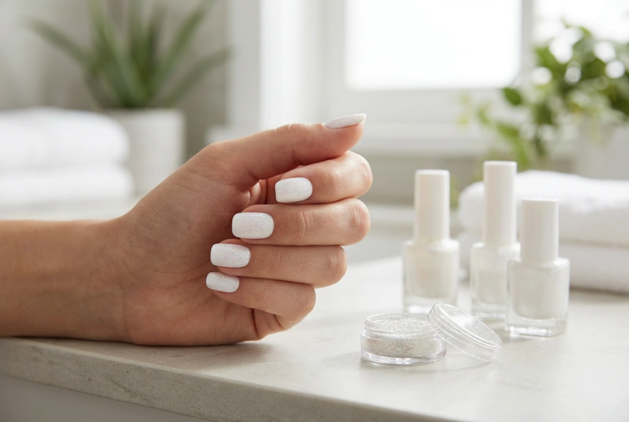 Bijeli nokti sa šljokicama: priprema, nanošenje čestica i trajna zaštita