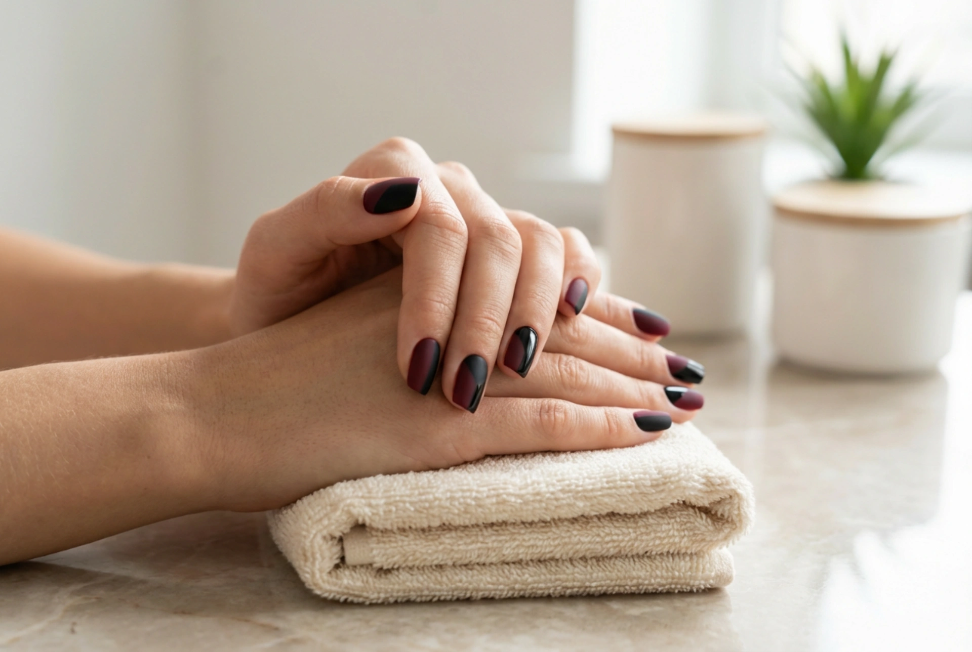 Bordo i crni nokti: geometrijske linije, mat i sjaj