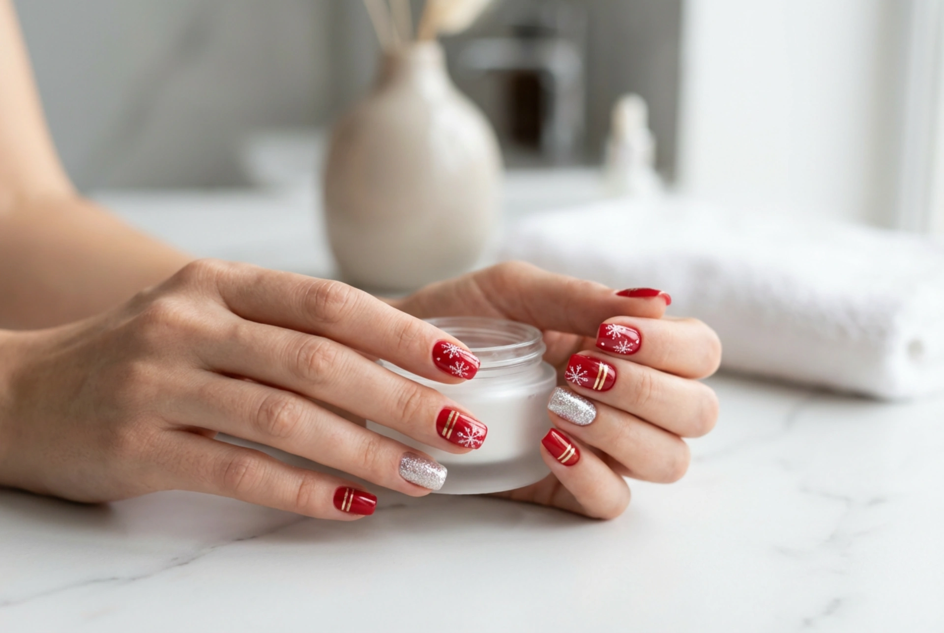 Božićni crveni nokti: pahuljice, prugice i sjajni naglasak