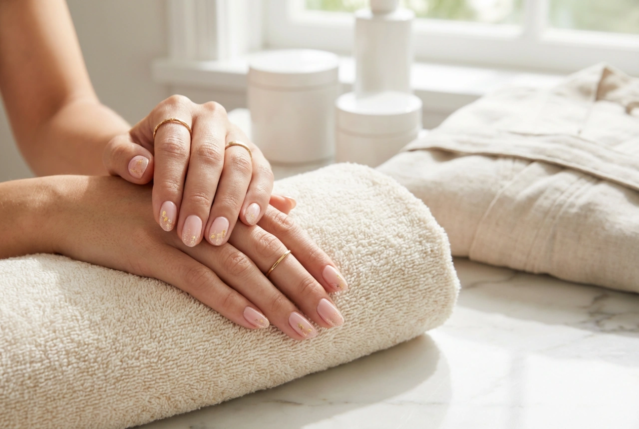 Ružičasti nokti sa zlatom: folije, prahovi i suptilni detalji