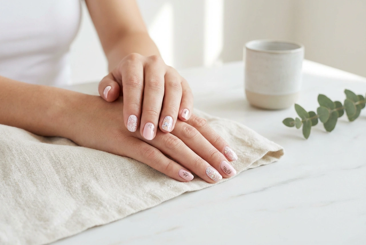 Ružičasti nokti s cvijećem: pečati, naljepnice i ručno oslikavanje