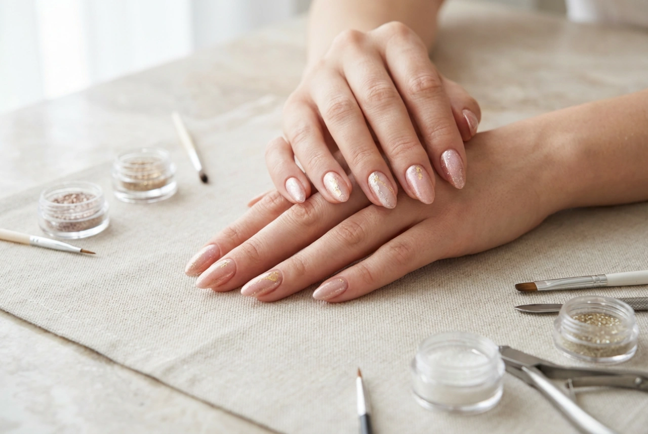 Ružičasto-zlatni nokti: Nježan sjaj, folije i prašci