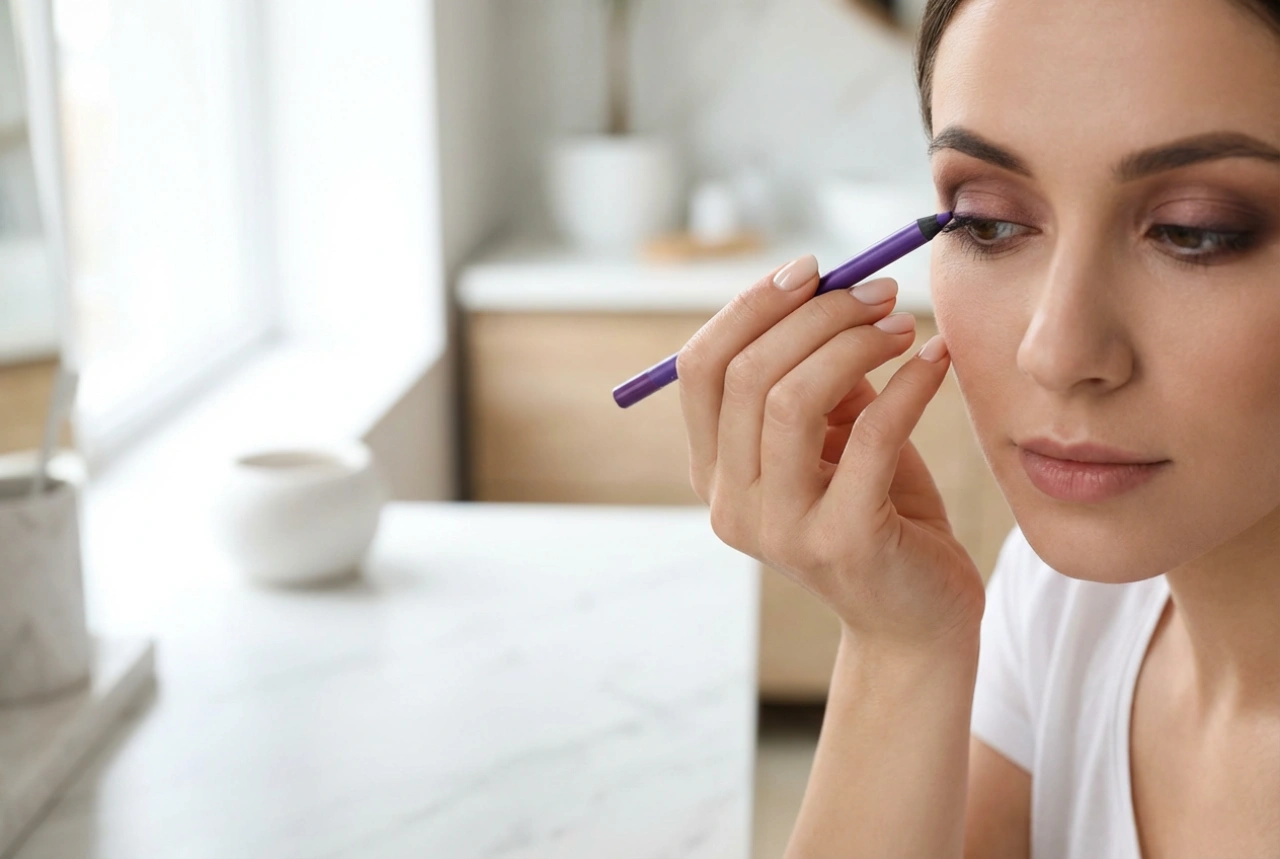 Ljubičasta olovka za oči: pomlađujući tonovi, meke linije i kombinacije sa smeđim nijansama